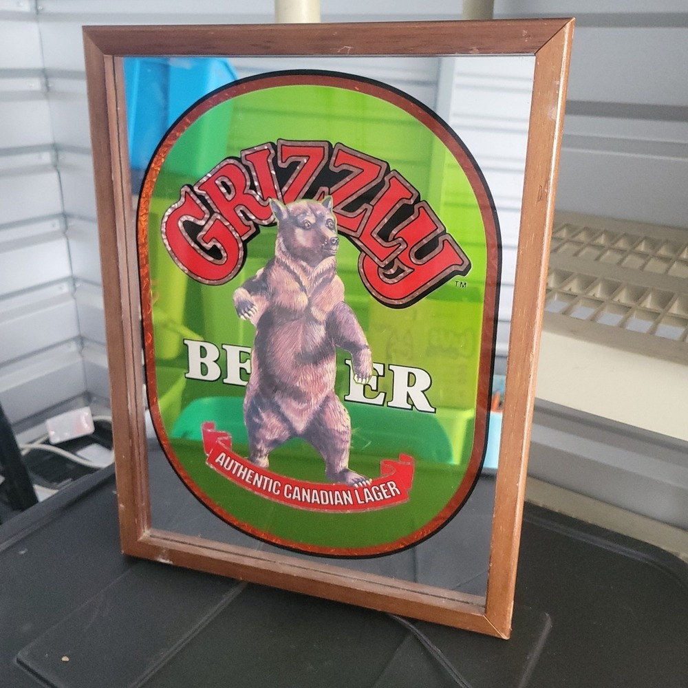 Grizzly Beer Canadian Lager Bear Mirror Framed Lighted Bar Sign Brewiana Pub